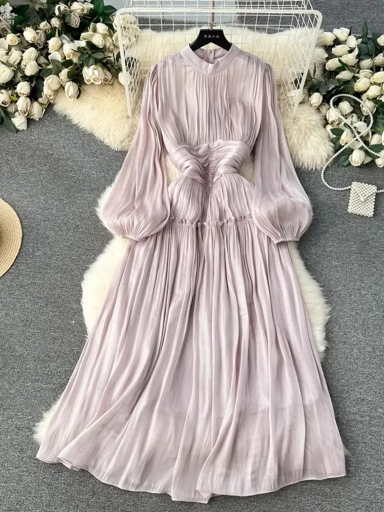 

TRAF French Luxury Folds Wedding Formal Occasion Dresses Women's Stand Puff Sleeve Chic A-Line Pleated Shine Robe Clothes