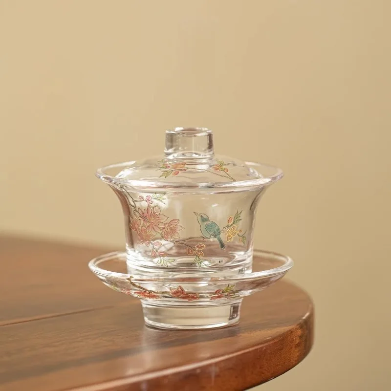 

LH Birds and flowers Sancai cover bowl Chinese style high-end tea bowl Thickened anti-scalding glass tea set