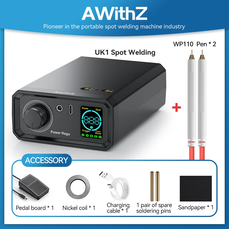Awithz UK1 Hochleistungs-9000W Tragbare Punktschweißmaschine | 1350A Einstellbarer Strom, Fußpedalsteuerung für 18650 Lithium-Batterie | Sicherer, vielseitig einsetzbarer DIY-Schweißer