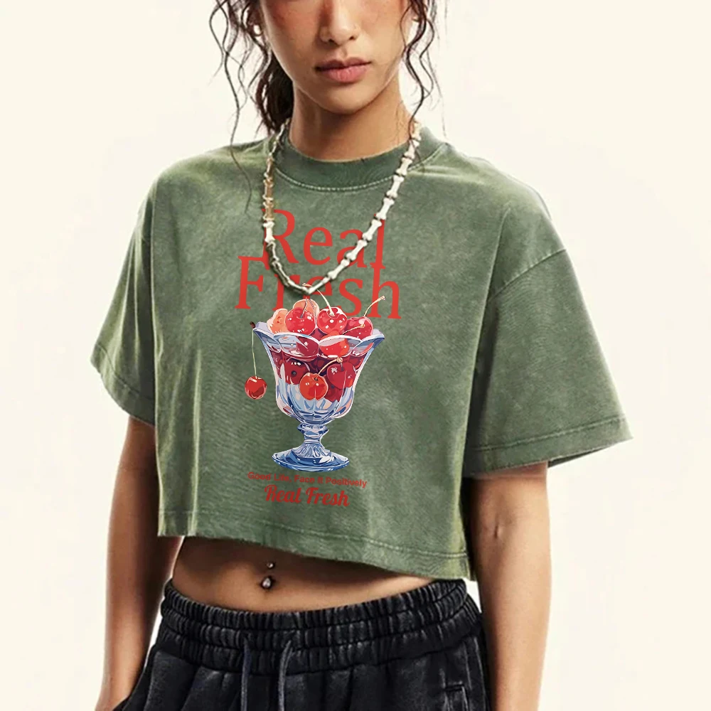 

Real Fresh Cherry Fruit Cup Design Print Women Washed T-Shirts Cotton Fashion Short Sleeve Fashion Hip Hop Tops Slim T Shirt