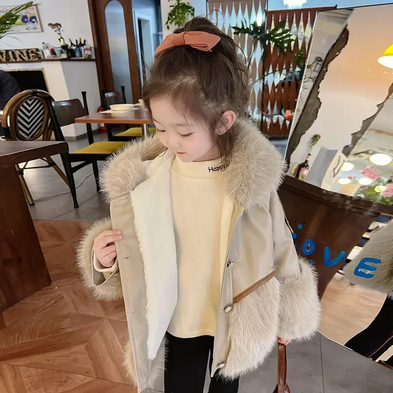 Girls\' Autumn and Winter Coat 2024 New Baby Winter Foreign Style Fleece Leather Jacket Children\'s Top Little Girl Fur