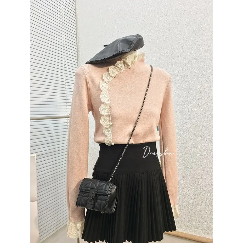 Frühling Neue Stil Spitze Stehkragen Pullover Koreanischen Stil Süße Perle Taste Schlank Bodenbildung Top für Frauen