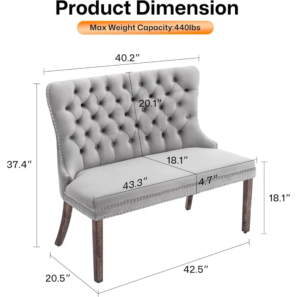 Velvet Dining Bench with Back, Tufted Upholstered Loveseat Settee, Nikki Collection Modern Banquette Couch