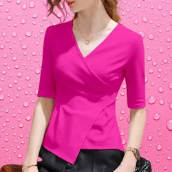 4XL 2023 Women Summer Blouses V-Neck Lady Fashion Casual Short Sleeve Office Sexy Solid Color Clothing Tops & Tees WY0856