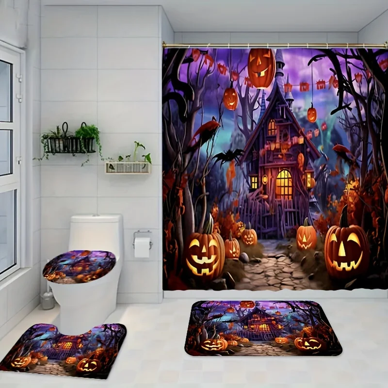 Halloween Haunted House Shower Curtain Set with Pumpkin Design - Machine Washable Polyester Fabric, Horror Theme Bathroom Decor