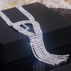 Fashion Elegant Silver Color Long Tassel Chain Necklace for Women Shiny Rhinestone Crystal Sweater Necklace Party Jewelry Gifts