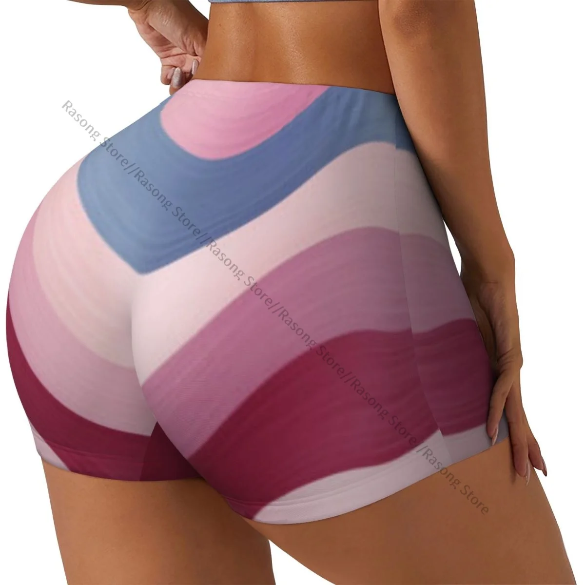 Spandex Yoga Shorts for Women Colorful Wavy Stripes Background Workout Booty Shorts