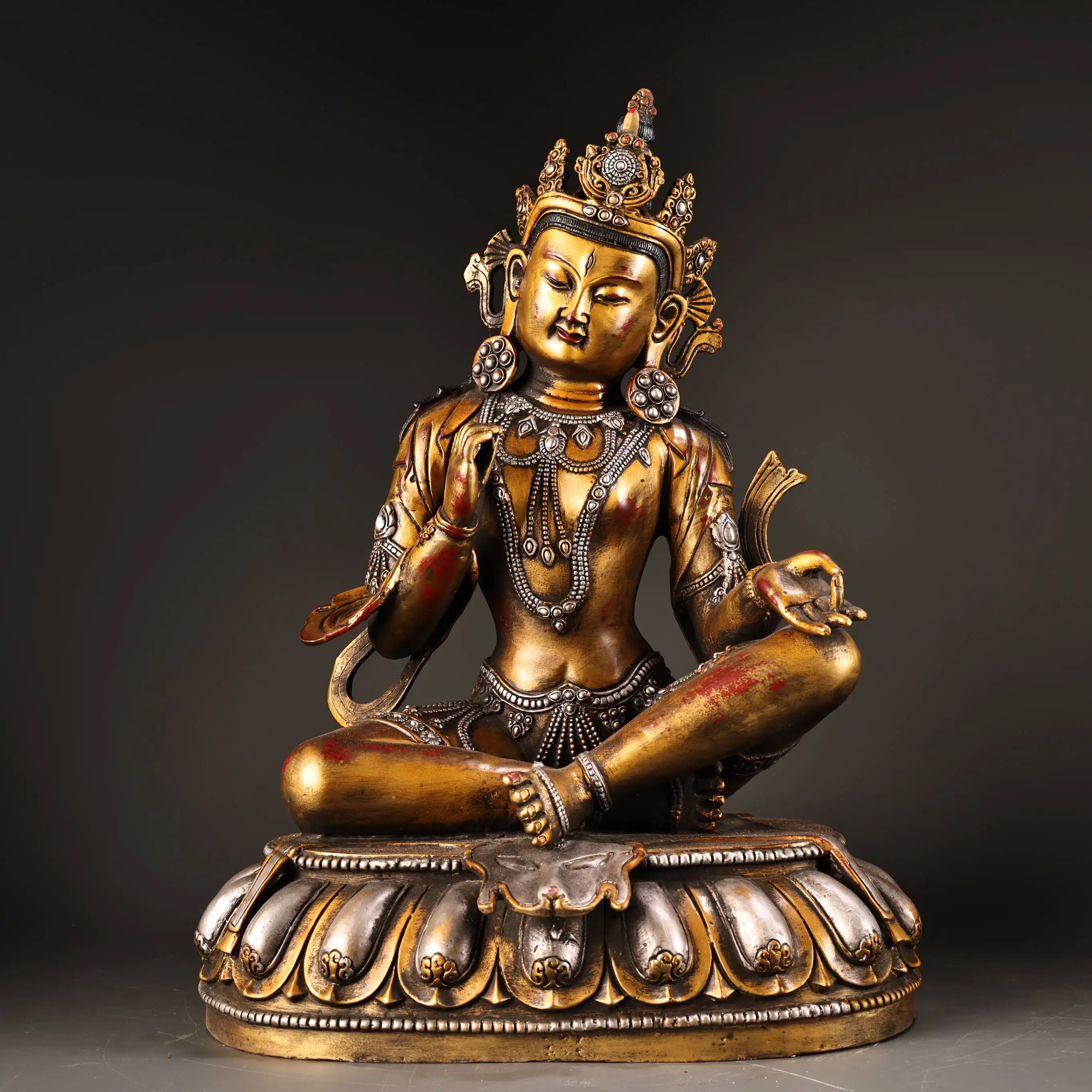 18"Collection Old Bronze Outline in gold Silver Cinnabar Free White Tara Sitting Buddha Lotus Buddha Terrace Worship Hall