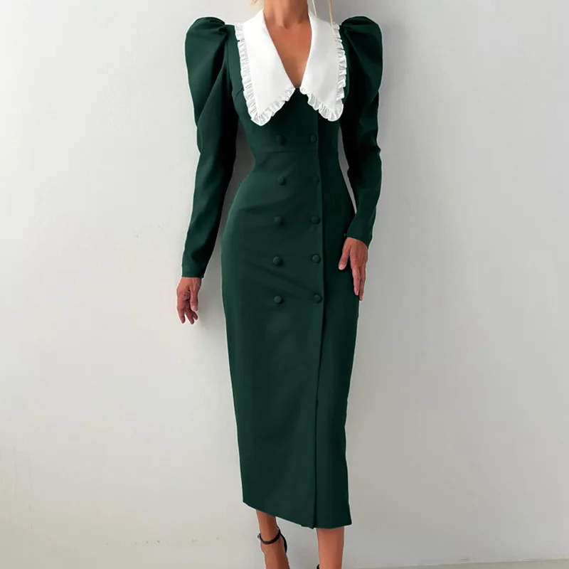 

Ticketsx Fashion V Neck Contrast Long Dress Spring Double Breasted High Waist Patchwork Slim Dress Elegant Commuter Women Dress