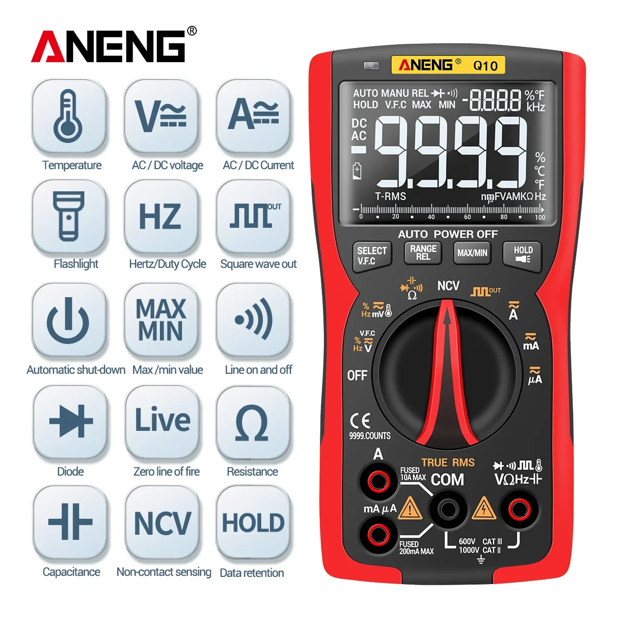 ANENG Q10 Handheld Multimeter 9999 Counts True RMS Automatic Manual Range NCV Diode Backlit Screen Data Retention Measuring Tool