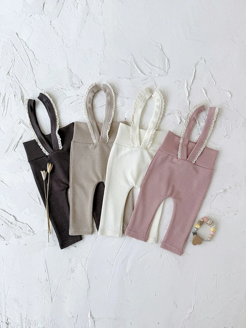 Autumn Baby Overalls Solid Color Lace Knit High Waisted Jumpsuit Adjustable Straps Soft Toddler Romper for 6-36M
