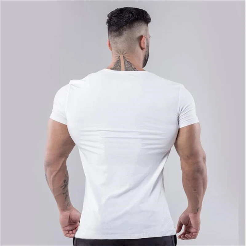 Plain Cotton Gym T-shirt Men Summer Fitness Clothing V-Neck Short Sleeve T shirt Slim Fit Tshirt Bodybuilding Workout Tees Tops