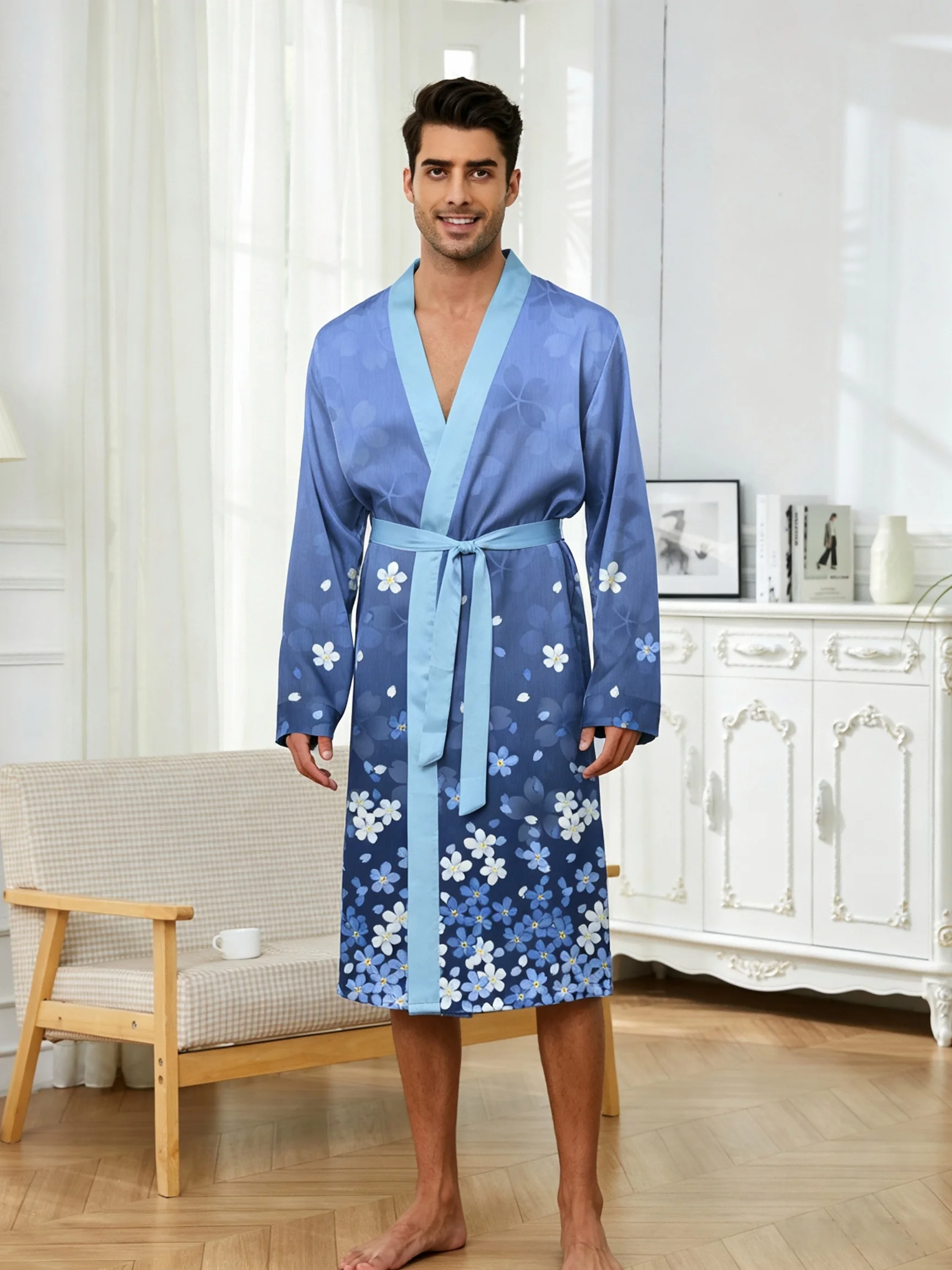 Men's lightweight quick-drying pajama bathrobe - 3D digital printing, non-fading design, stand-up collar and adjustable waistban