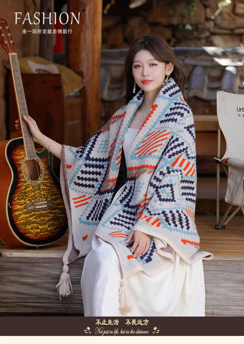 Poncho Cloak New ethnic shawl pullover tassel cardigan color travel photo casual Women knitted cape Lady coat