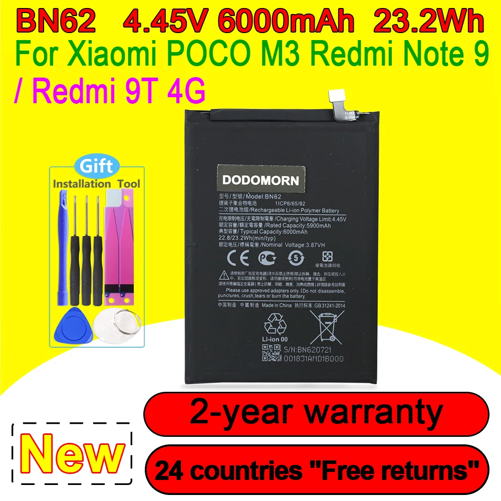 

NEW BN62 Battery For Xiaomi POCO M3 Redmi Note 9 4G 9T Smartphone/Smart Mobile Phone 5900mAh With Tracking Number