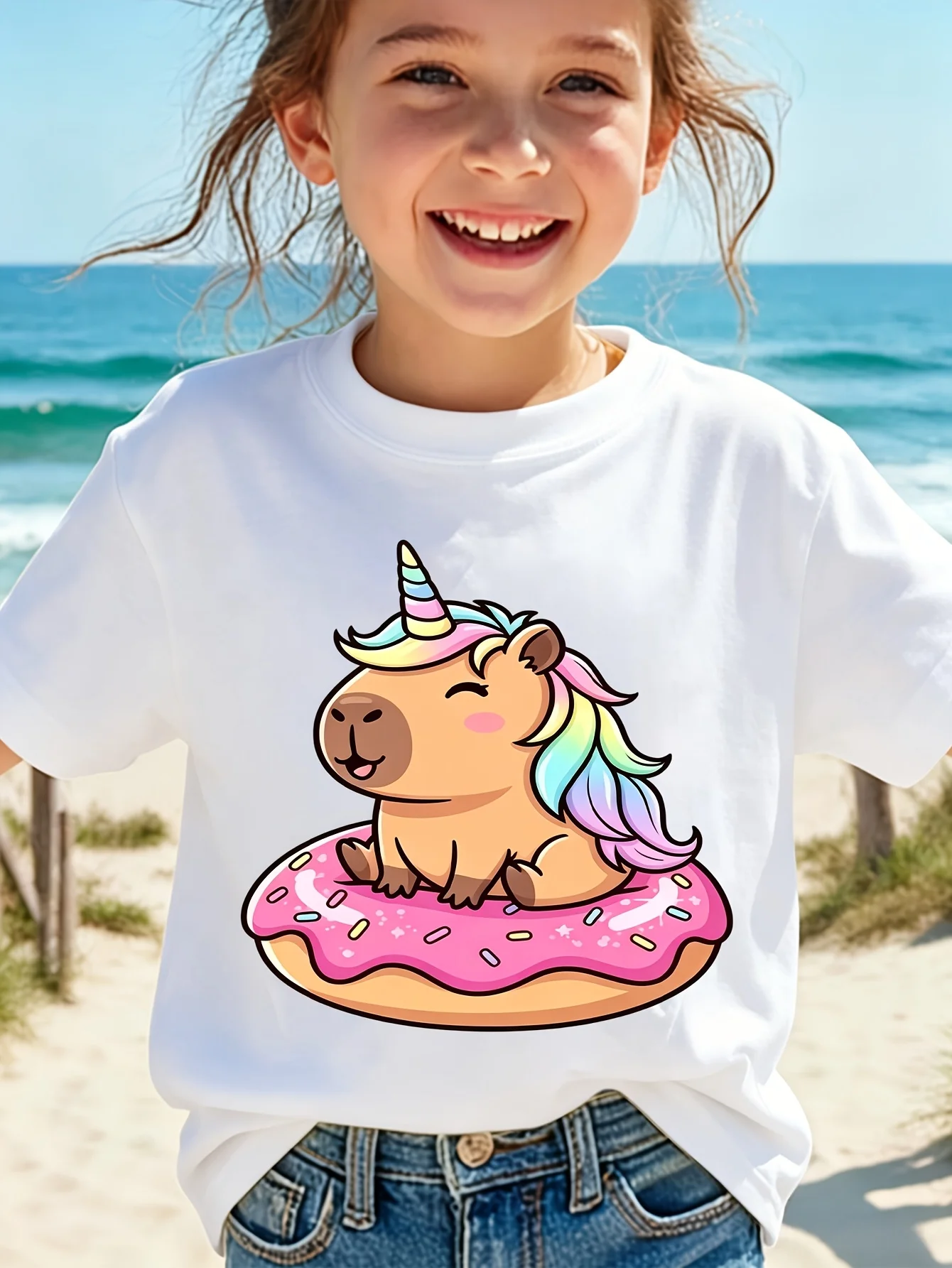 Kids Boys Girls Matching Tee Unicorn Capybara Donut Rainbow Mane Cartoon Graphic Short Sleeve Crew Neck Toddler Casual Outfit