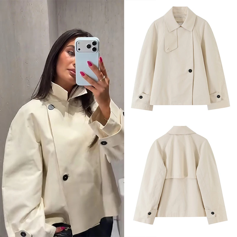 Guobioziy Women's Fashion Short Trench Coat 2026 Spring-Autumn Solid Color Button European-Style Casual Trendy Everyday Commuter