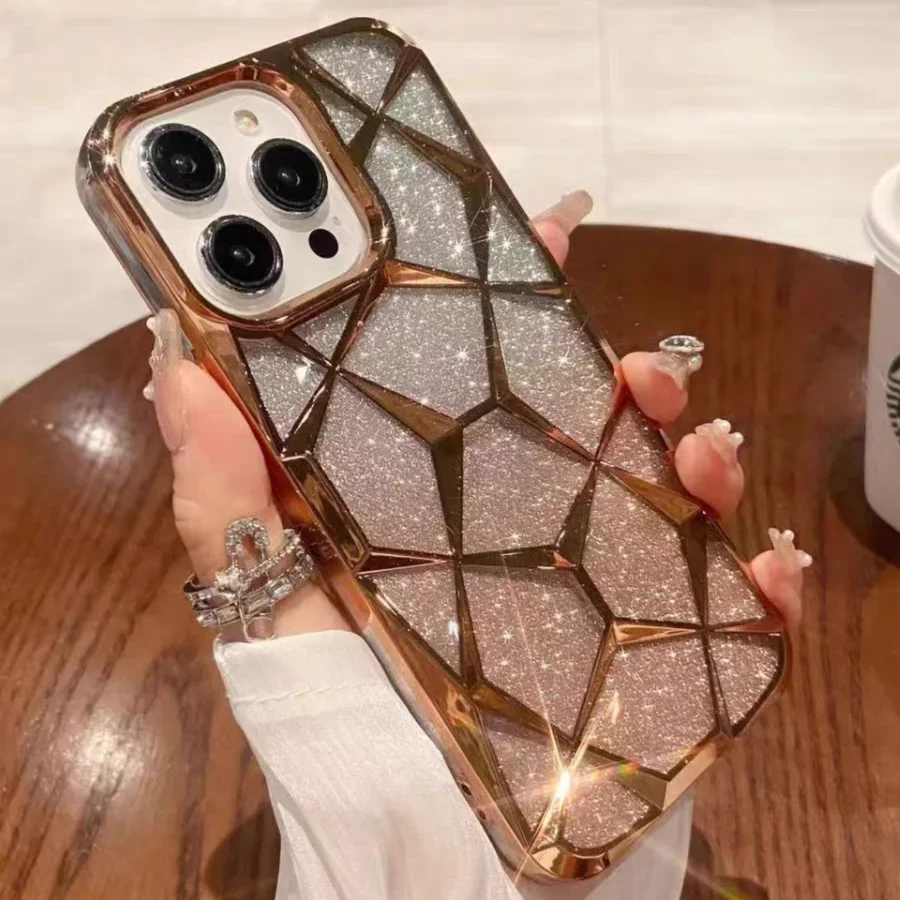 Gradient Glitter Bling Case For iPhone 16 Pro Max 16 Plus 15 14 Pro 12 11 Diamond Pattern Soft Plating Cover For iPhone 15 Pro