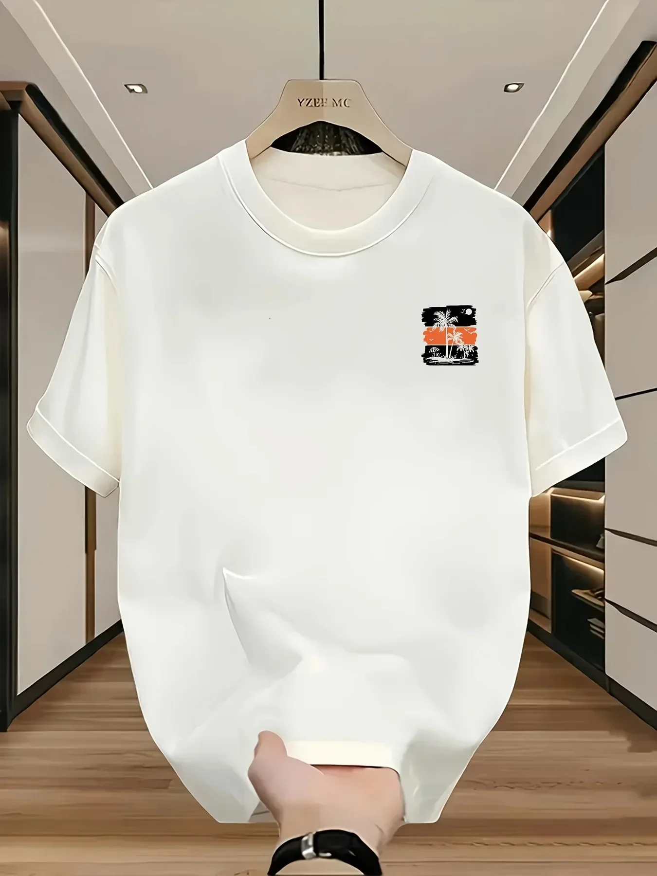 Men's Black Tropical Palm Tree Print T-Shirt Cotton Crew Neck Casual Shirt with Orange Beach Design Men Clothing Comfortable