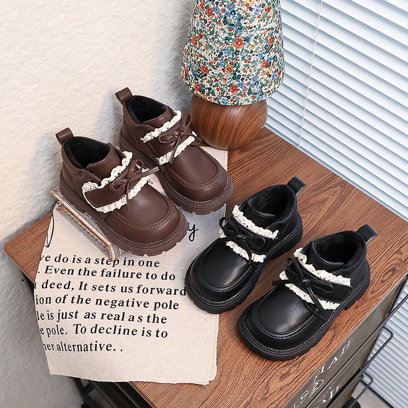 

Girls Cotton Warm Loafers Children Mary Jane Shoes Sweet Princess Kids Black School Performance Shoes with Lace Bowtie Winter