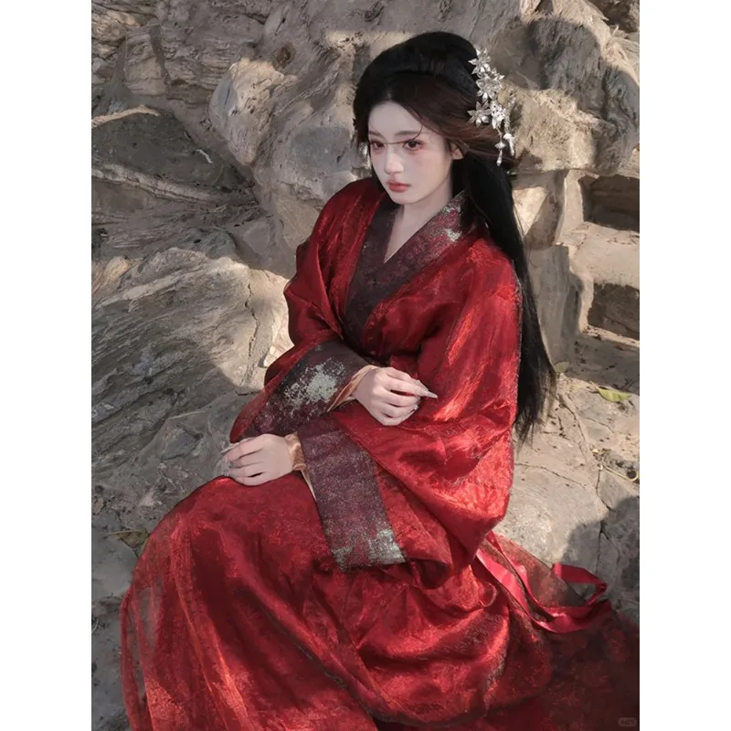 

2026 New Women's Red Warring States Hanfu, Cool Wind Fairy Flowy, Cross Collar Wide Sleeve, Gorgeous Ancient One-Piece Costume