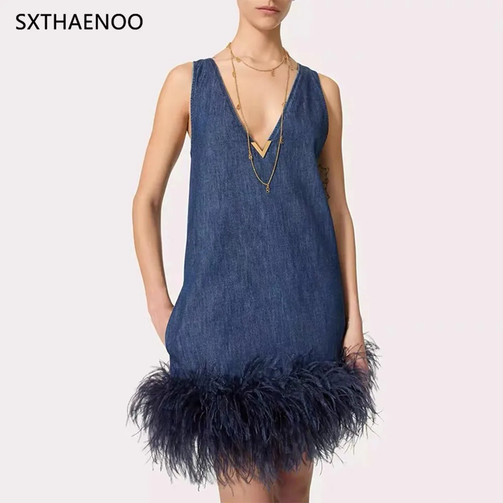 

SXTHAENOO Solid Patchwork Feathers Loose Mini Dress For Women V Neck Sleeveless High Waist Pullover Minimalist Dress Female