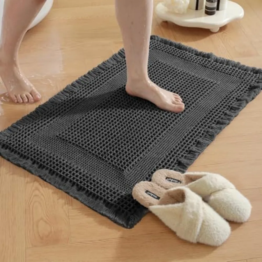 

Waffle Bath Mat - Super Water Absorbing Bath Mat Quick Dry Bathroom Rugs Non Slip Washable with Tassels Rubber Backed Bathroom