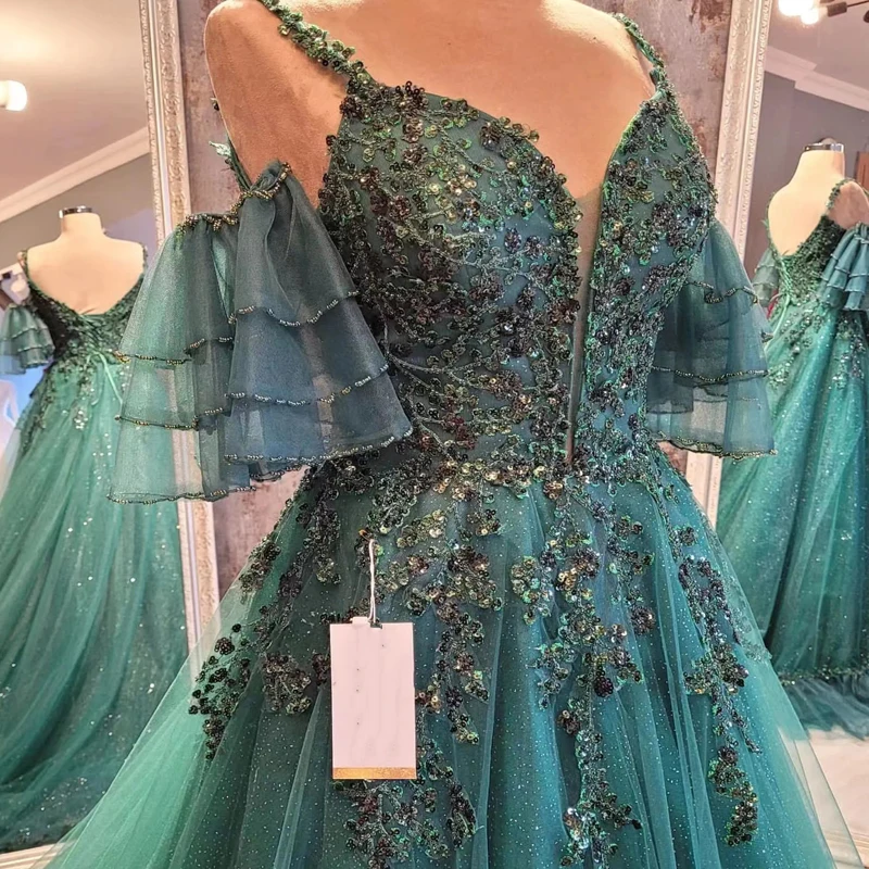 Angelsbridep Luxury Emerald Green Long Tulle Beaded Evening Dresses For Women Graduation Prom Formal Gowns Robe Soirée