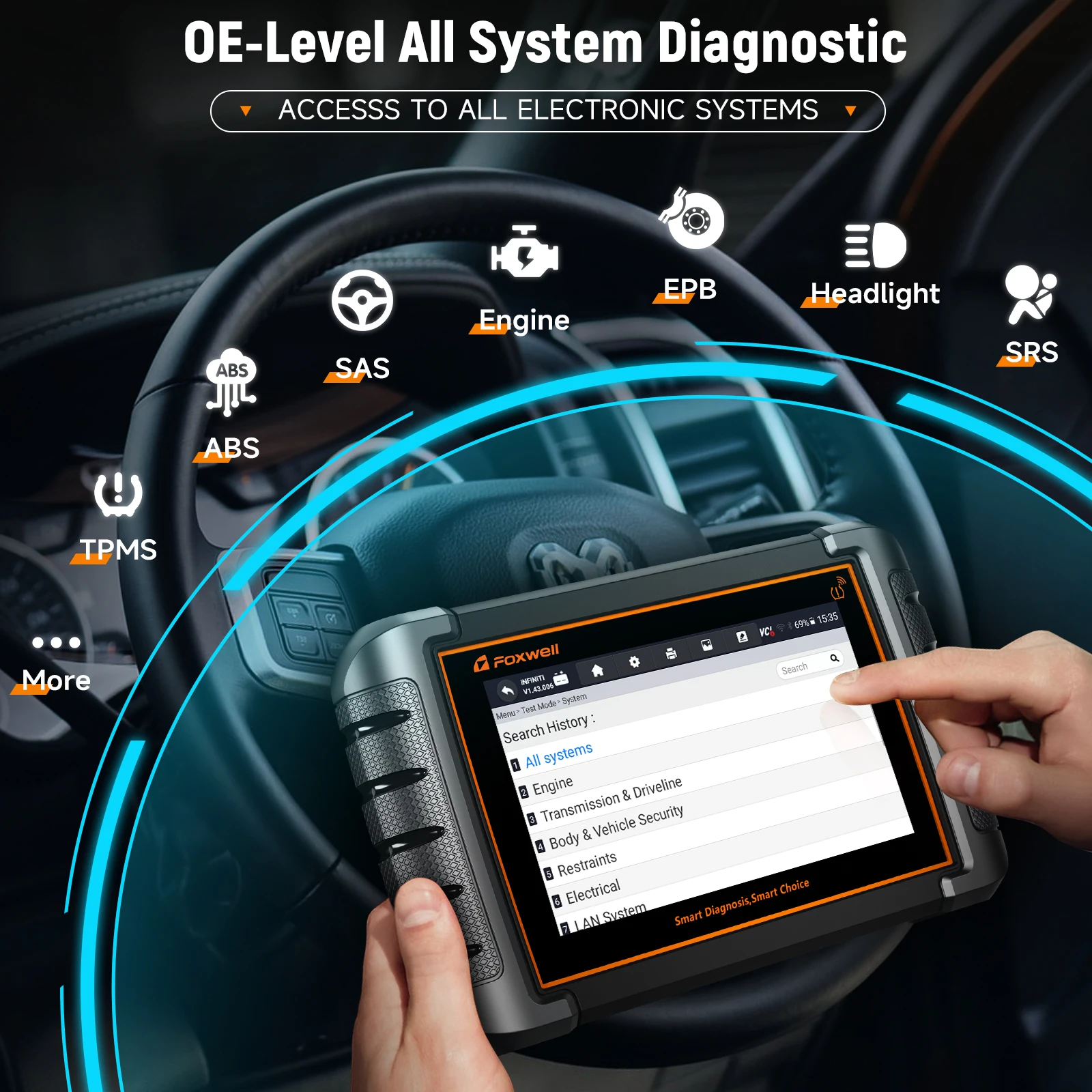 FOXWELL NT809TS OBD2 Bluetooth Automotive Scanner TPMS Programming Tool All Systems Diagnostic Bi-Directional Control 30+ Reset