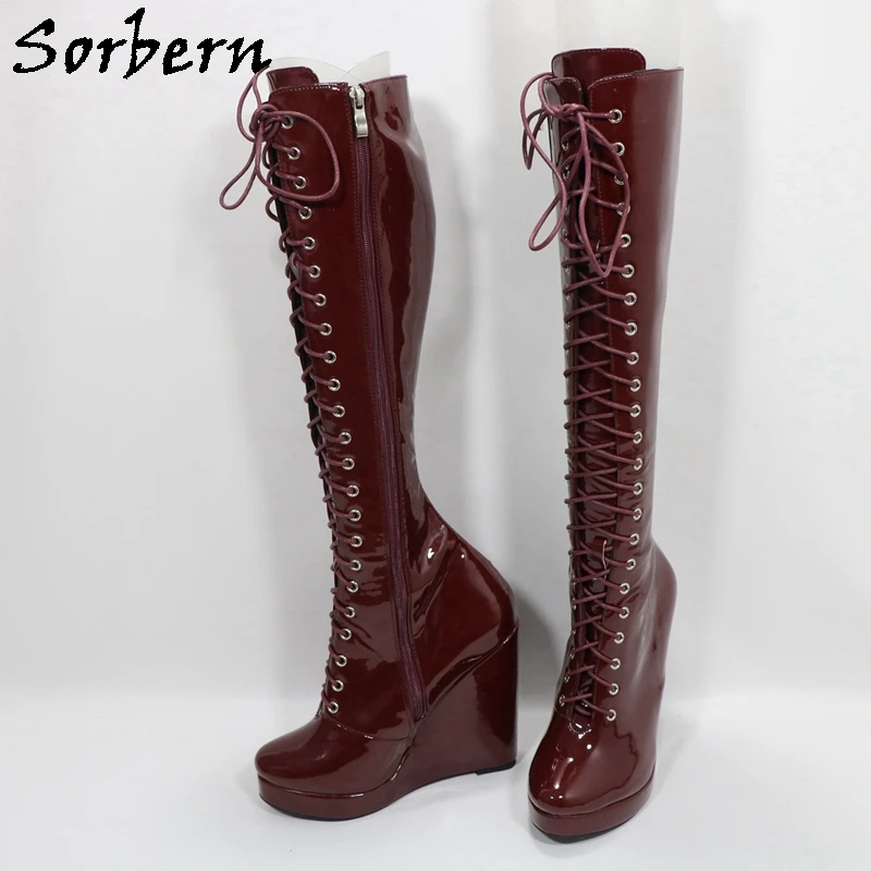 Sorbern Wine Red Glossy Boots Women Wedge Heels Round Toe Knee High Lace Up Custom Shaft Length Thin Legs Multi Colors