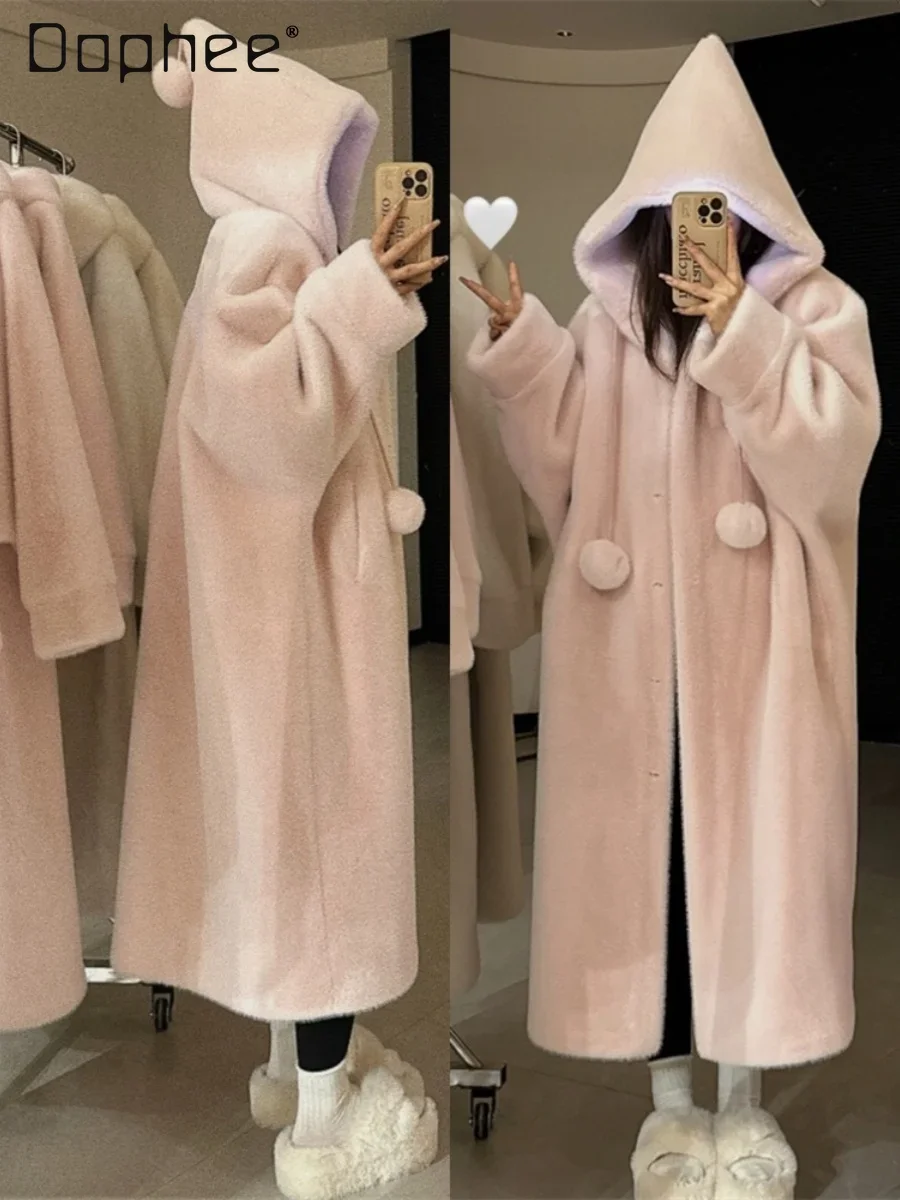 Autumn and Winter Hooded Mink Fur Coats Women Trendy Thick Warm Witch Hat Solid Long Jacket Female Clothing Korean Style