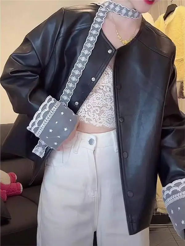 

Fashionable Lace Trim Leather Jacket Slim Fit Single Button Patchwork Spring 2025 Women's Clothing Elegant Chic Outerwear