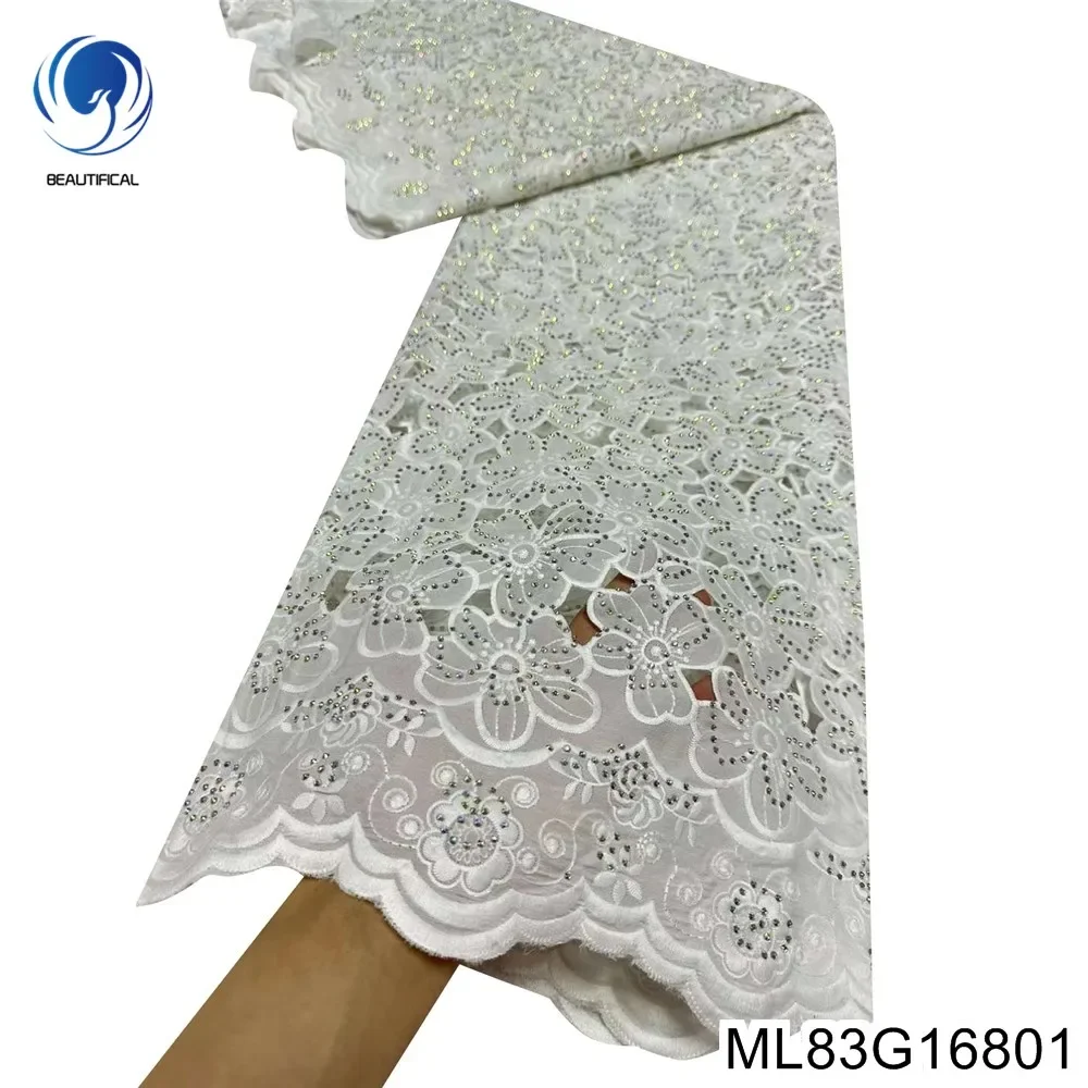 

High Quality Nigerian Water Soluble Cord Lace ,Cuting Holes with Rhinestone Technology, White Party Dress Fabric, ML83G168