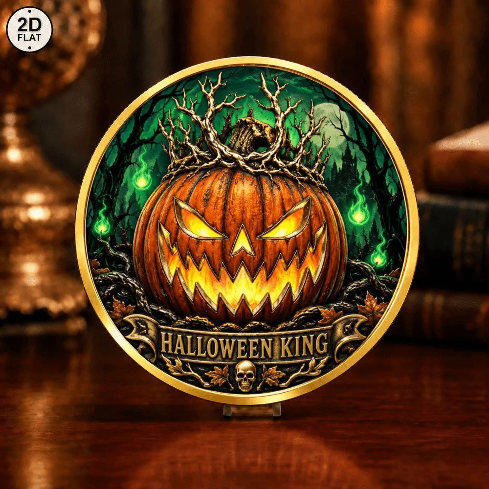 1pc Halloween Pumpkin King Commemorative Coin UV Print Scary Jack-o'-lantern Collectible Metal Medal Souvenir Decor Holiday Gift
