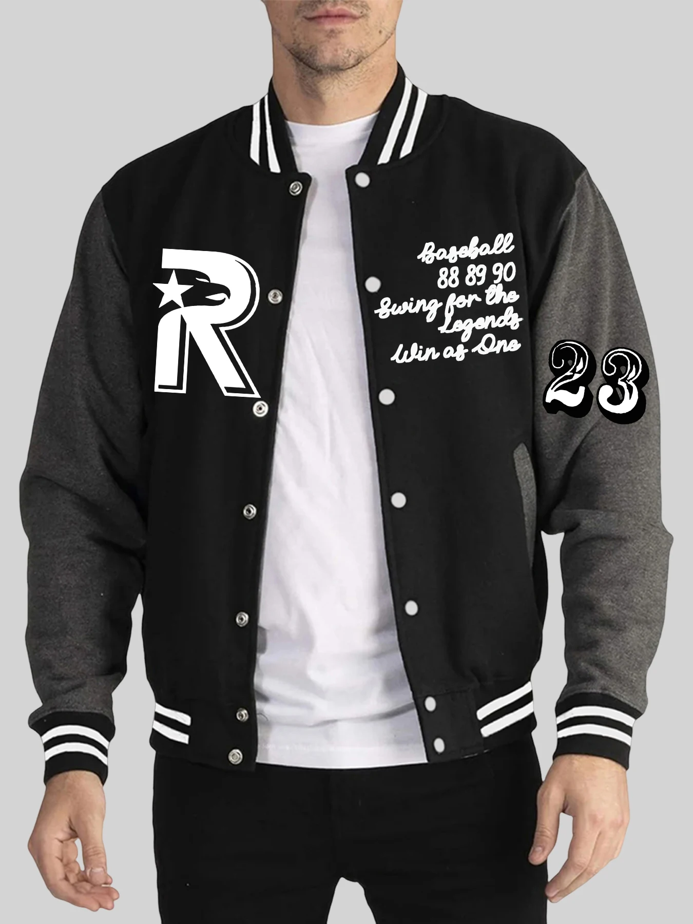 

Art Letter R And Number 23 Print Jacket Men Autumn Winter Loose Baseball Uniform Pocket Trendy Sportswears Casual Street Tops