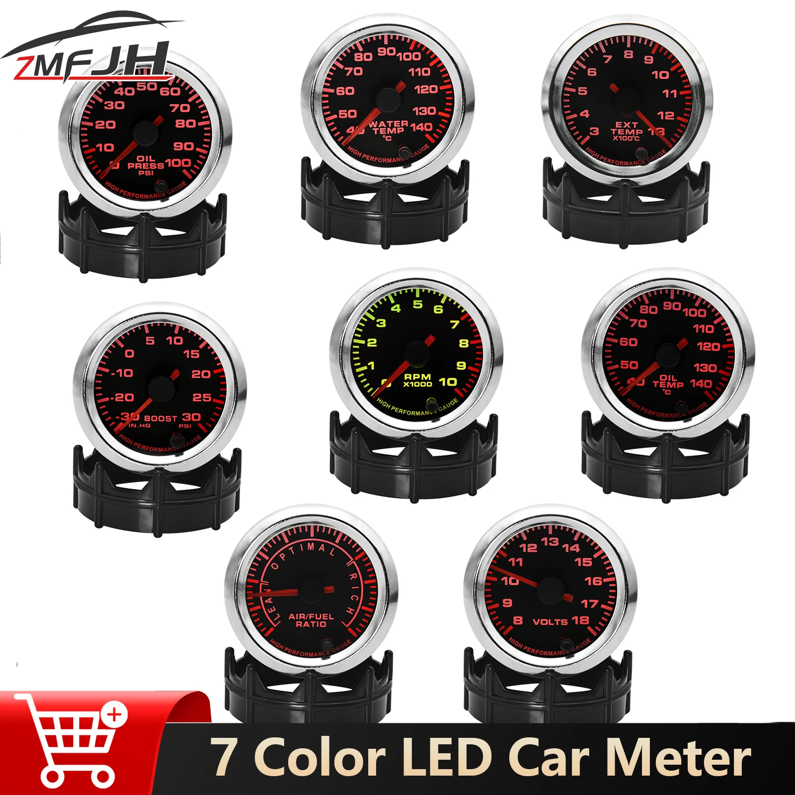 

52 мм автомобильный тахометр PRM масляный пресс, соотношение воздуха и топлива, повышающее напряжение, датчик EGT, измеритель температуры воды, масла, 7 цветов, подсветка