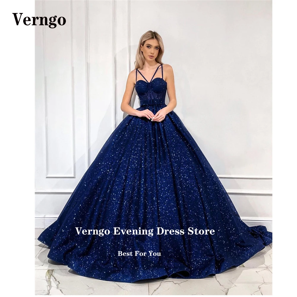 

Verngo Sparkly Navy Blue Long Prom Dresses Criss Cross Straps Shiny Glitter Party Formal Evening Gowns Princess Wedding Dress