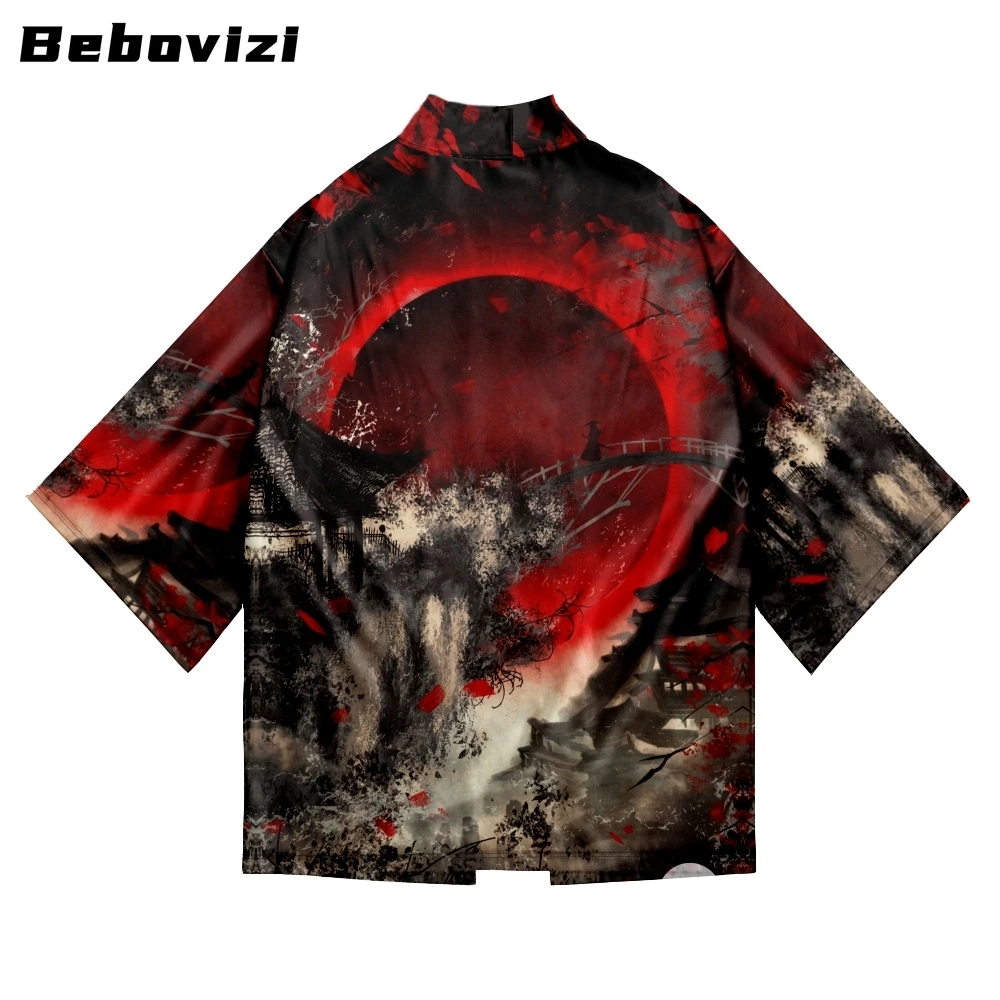 

Bebovizi Vintage Fashion Anime Red Sun Print Cardigan Haori Women Men Loose Yukata Asian Clothes Japan Harajuku Kimono