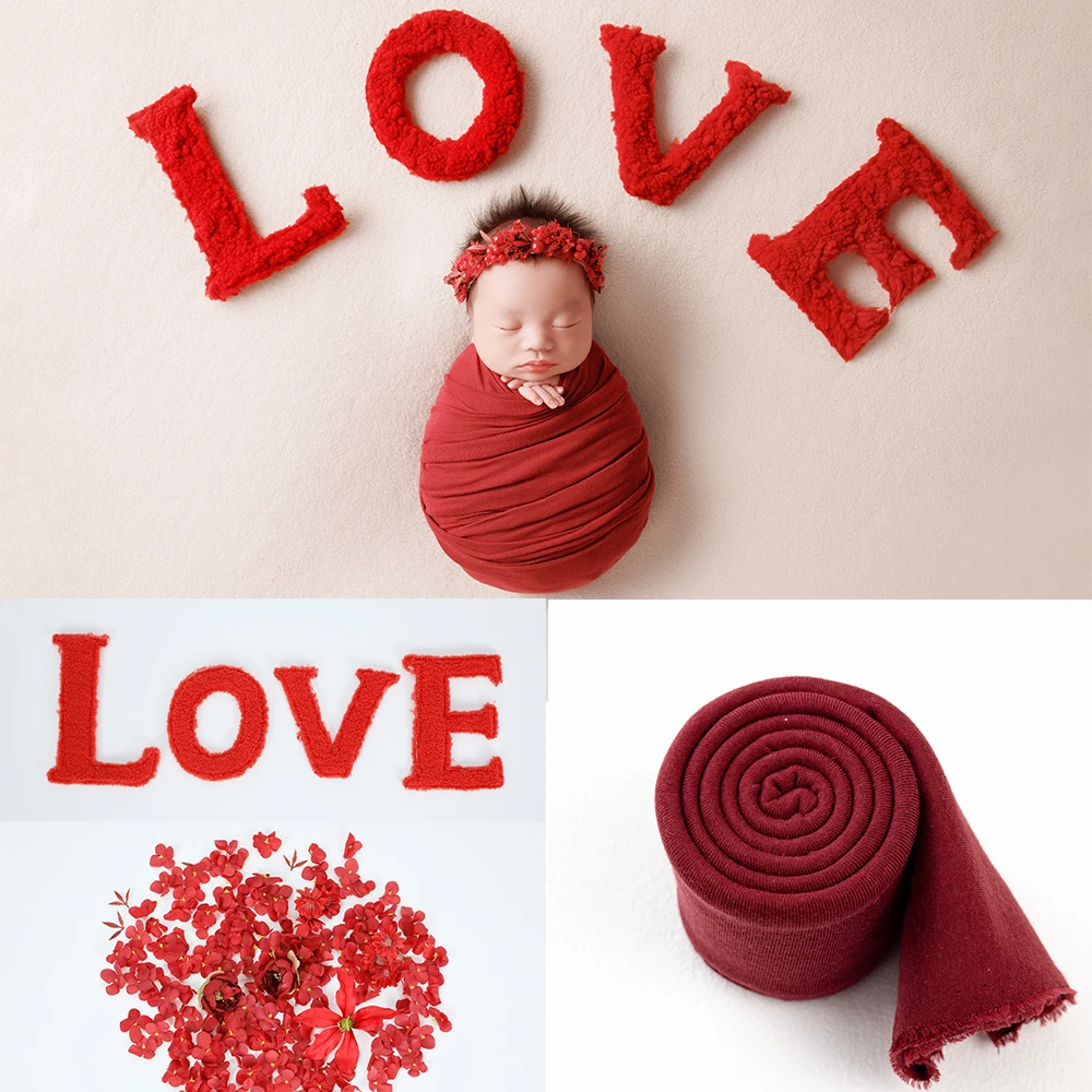 

Christmas Newborn Wrap Striped Hat for Photography Props X'mas Stretch Baby Wrap Pom Hat Love Letter Red Flower Photo Accessorie