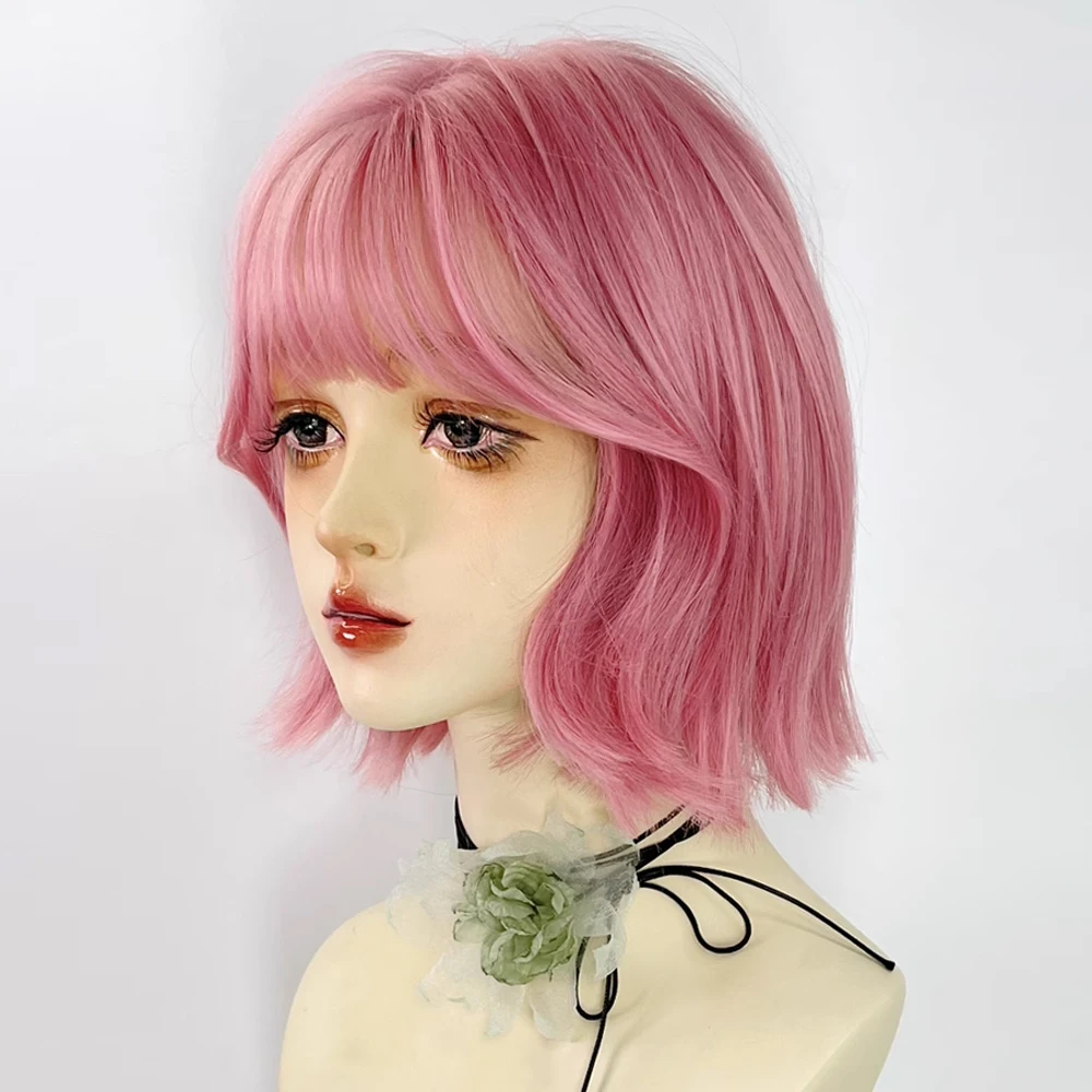 Peluca sintética ondulada corta rosa con flequillo Lolita Cosplay para mujer, pelo esponjoso Natural, resistente al calor para fiesta diaria