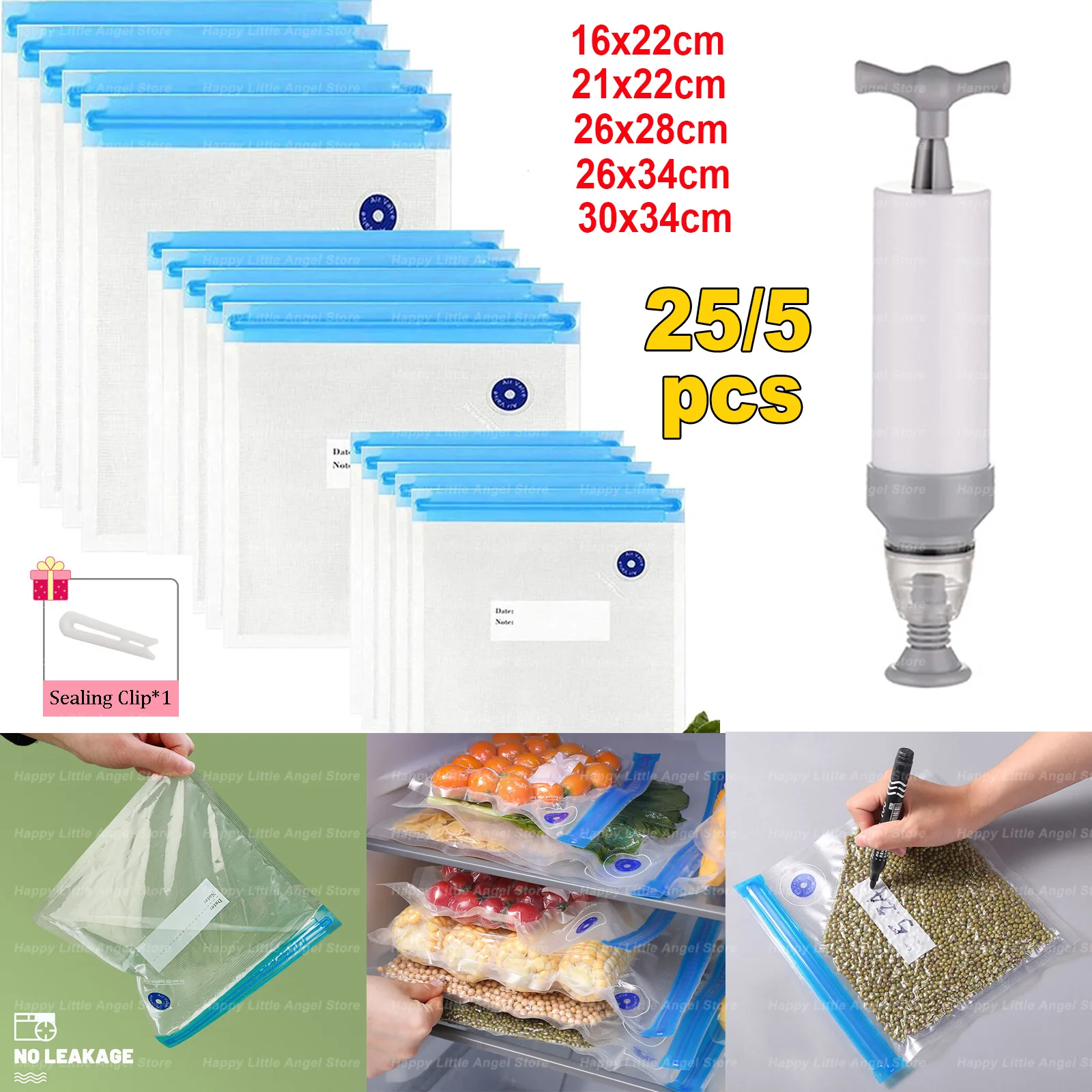 Reutilizável Vacuum Food Storage Zipper Bags Set, Bomba de selador portátil elétrica, Sous Vide Bag com bomba manual, Saco para alimentos