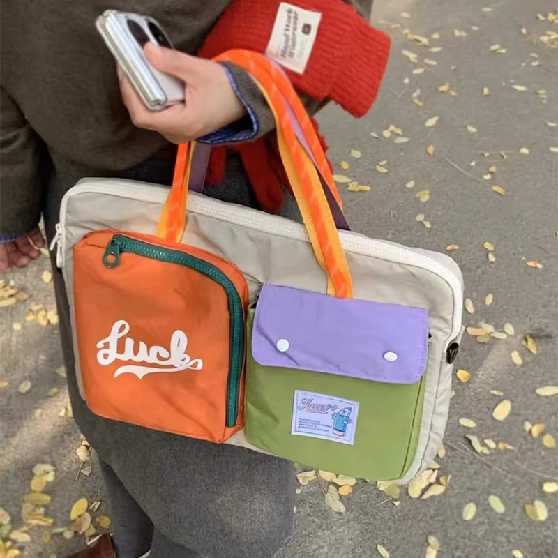 

Корейская портативная сумка для компьютера для женщин, холщовая сумка контрастного цвета, повседневная сумка на плечо большой вместимости, дорожная сумка-тоут с несколькими карманами