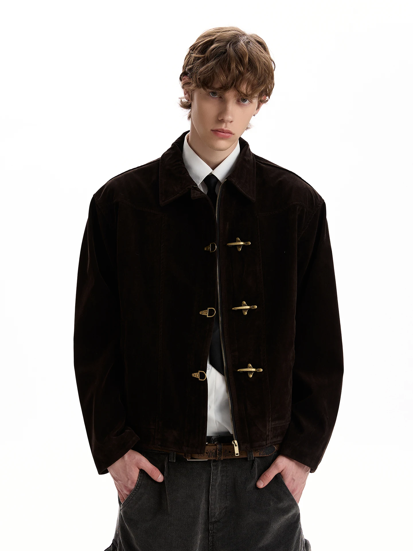 

American Retro Suede Jaet ort Plane Bule Design Cleanfit Silhouette Youthful Vintage Sle Metal Decoration Long Sve