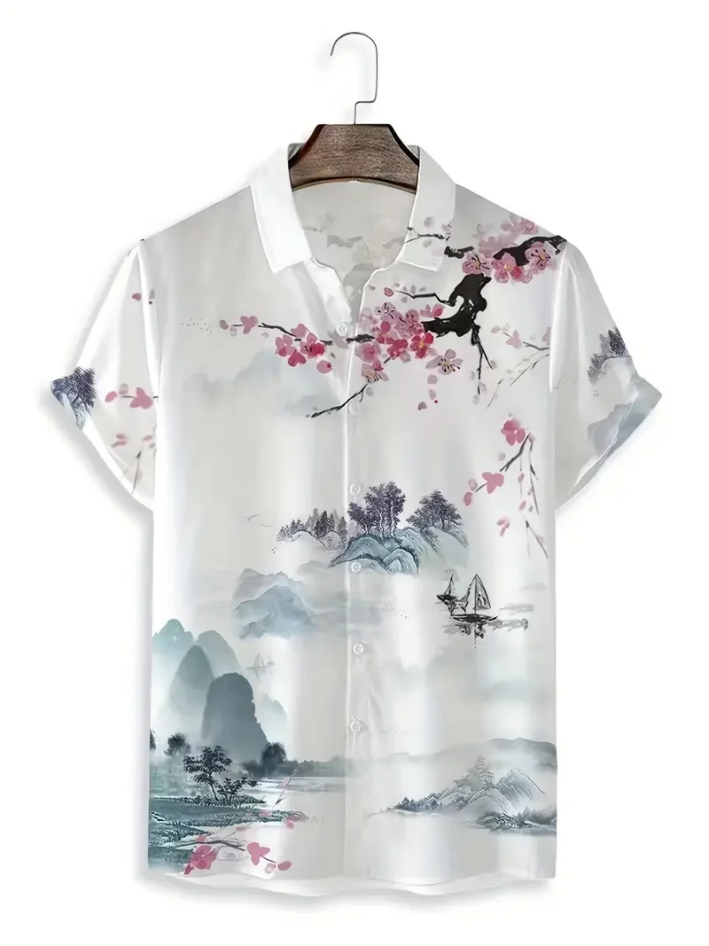 Men\'s fashionable Hawaiian lapel pattern shirt with trendy ink animal print suitable for summer vacation and casual wear