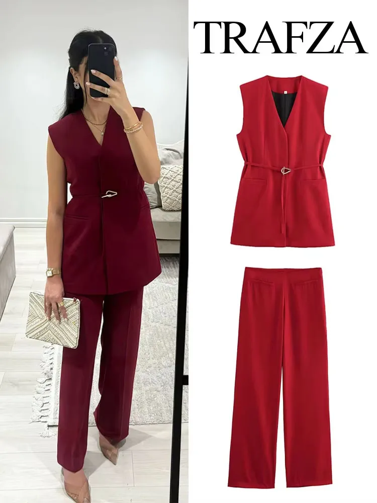 TRAFZA Women Trouser Suit Sleeveless Pocket Belt V-Neck Decorate Vest Top+Solid Side Zip High Waist Loose Casual Wide Leg Pants