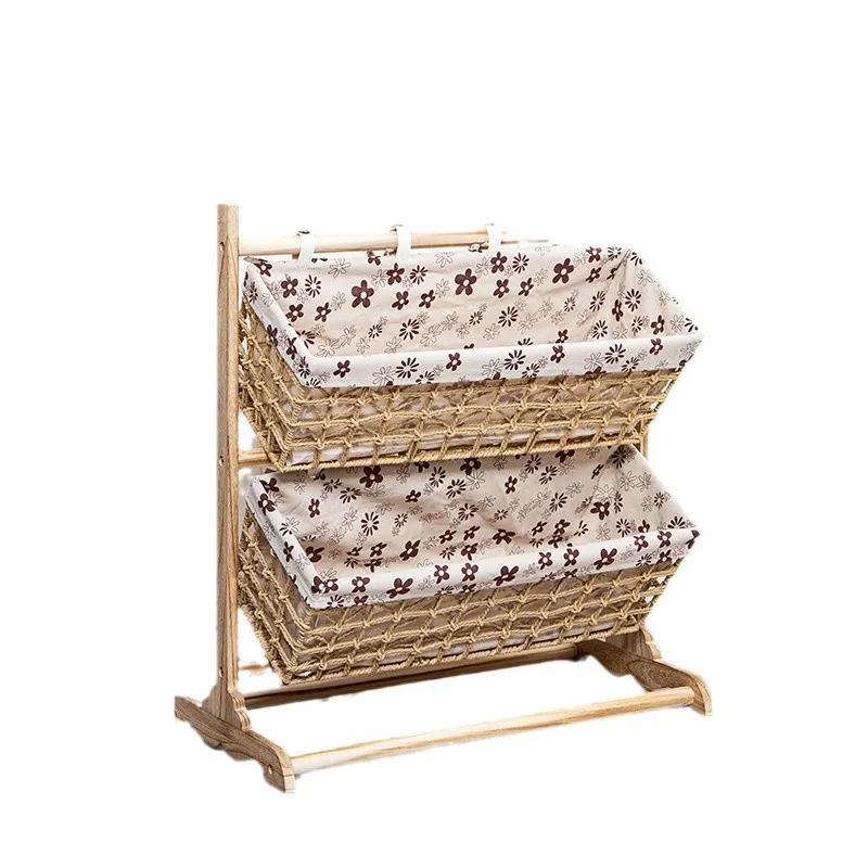 

Solid wood rack living room bedroom snacks rattan multi-layer storage rack sundries kitchen toy storage rack floor type
