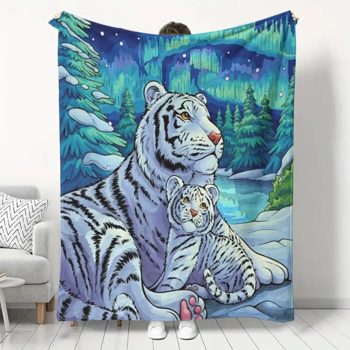 Snow Tiger Family Scene Pine Tree and Moonlit Sky Pattern Throw Blanket, Air Conditioning Blanket, Flannel Blanket for Dormitory
