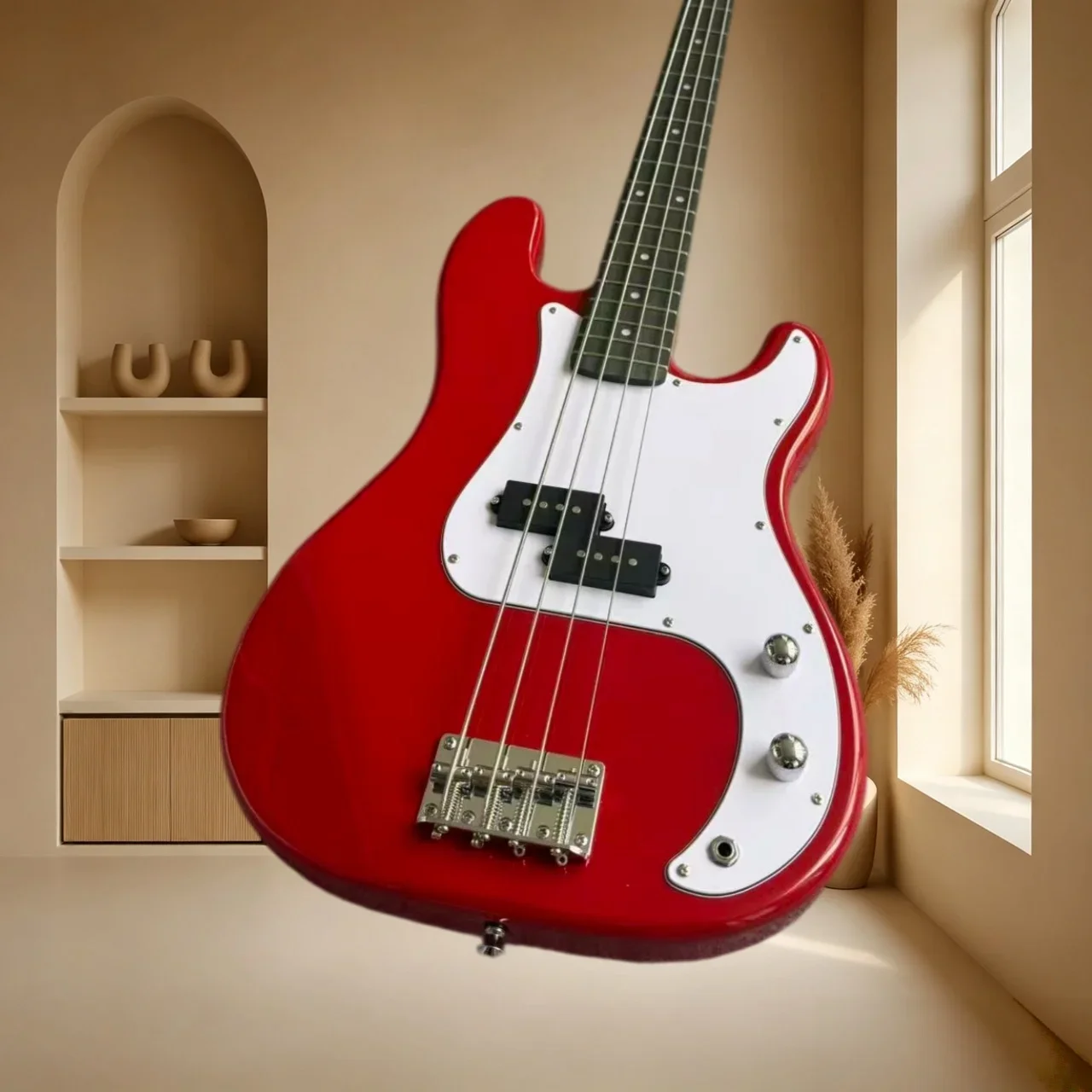 Gloss Red 4 String P Style Electric Bass White Pickguard Rosewood Fretboard Classic P Pickup Beginner Band Bass Free Shipping