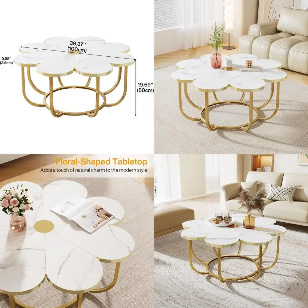 

Elegant Round Glass Coffee Table with Auxiliary Marble Top, 39.37-Inch Floral Accent for Living Spaces