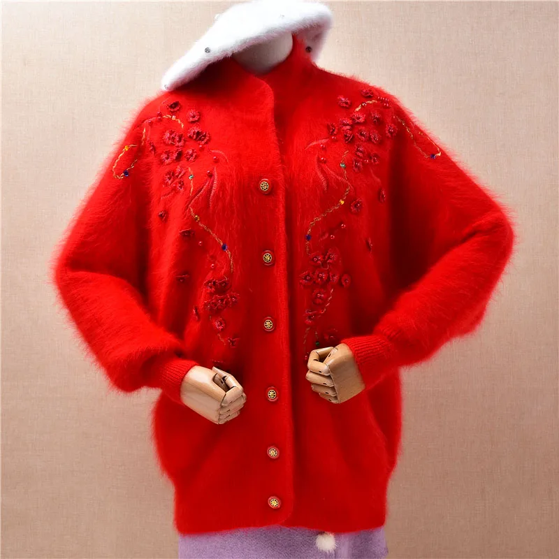 

Женская осенне-зимняя рождественская красная винтажная вышивка из бисера из ангоры и кроличьей шерсти с длинными рукавами, свободная куртка-карidgans Pull